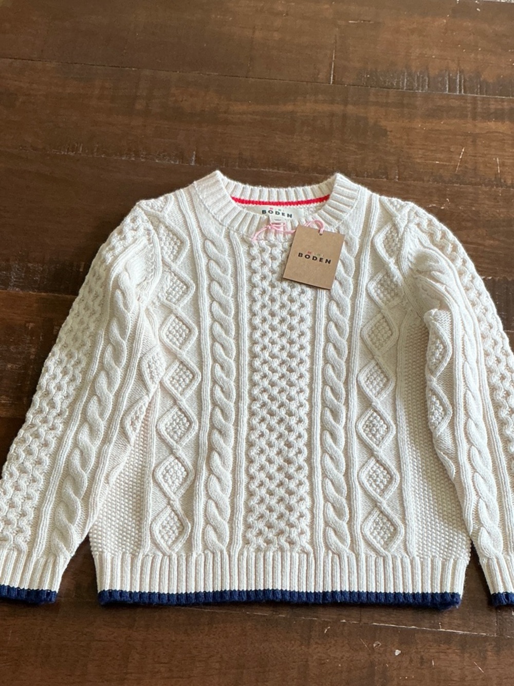 Boden Cream Cable-Knit Crewneck Sweater with Navy Trim